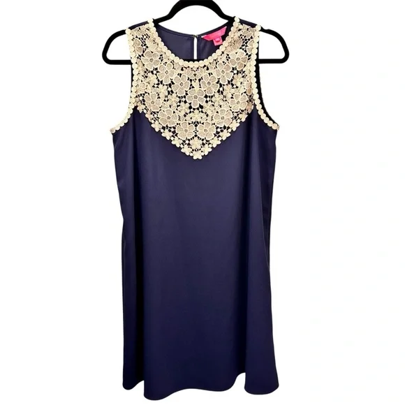 Lilly Pulitzer Nala Soft Shift, Navy Blue and Gold Lace Mini Dress - Main Image